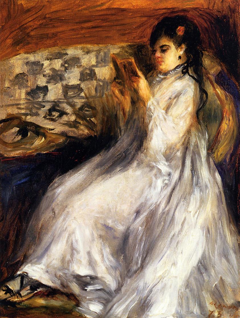 Young woman in white reading 1873